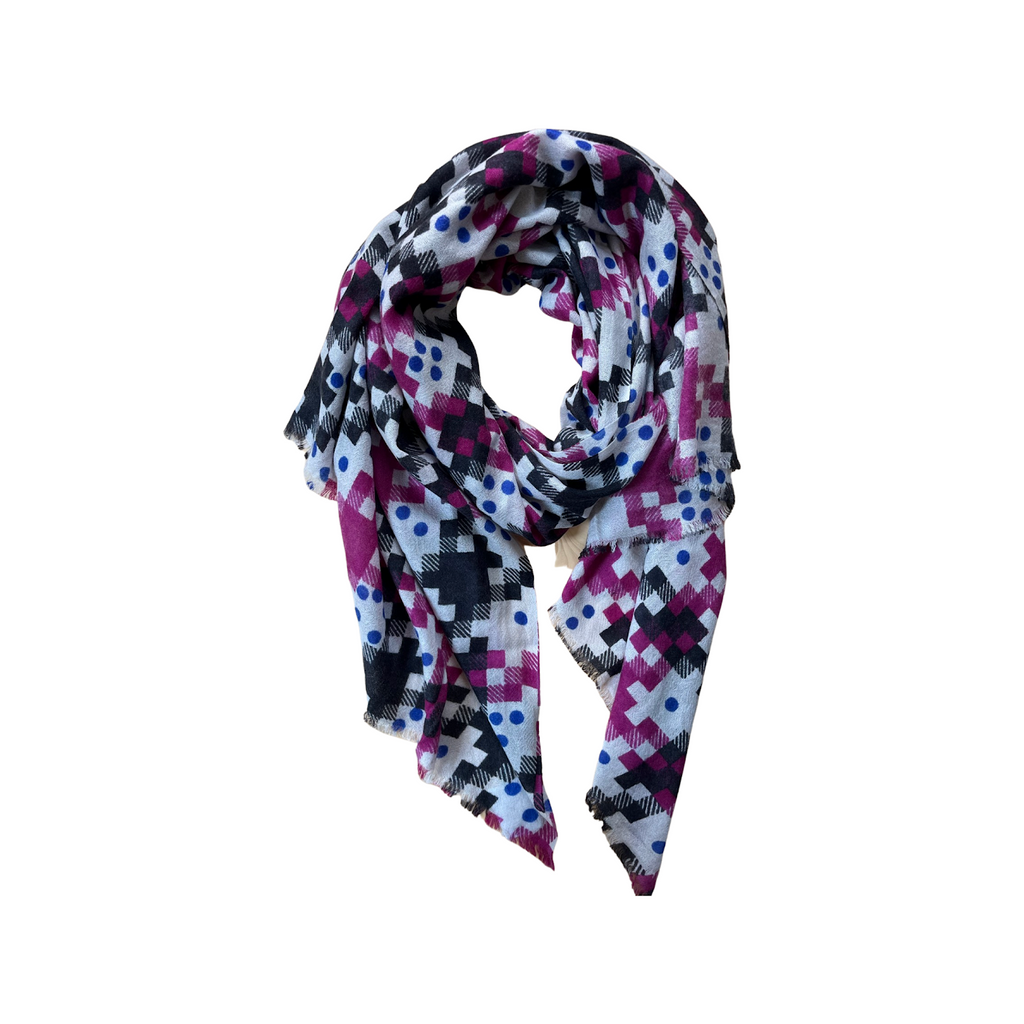 Yarnz 100% Cashmere Oversized Scarf Dotted Squares- Fuscia