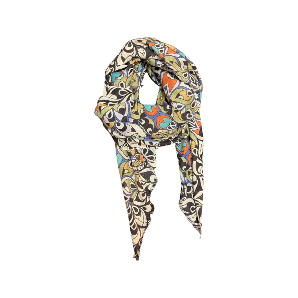 Yarnz 100% Cashmere Oversized Scarf Geo Mosaic- Olive